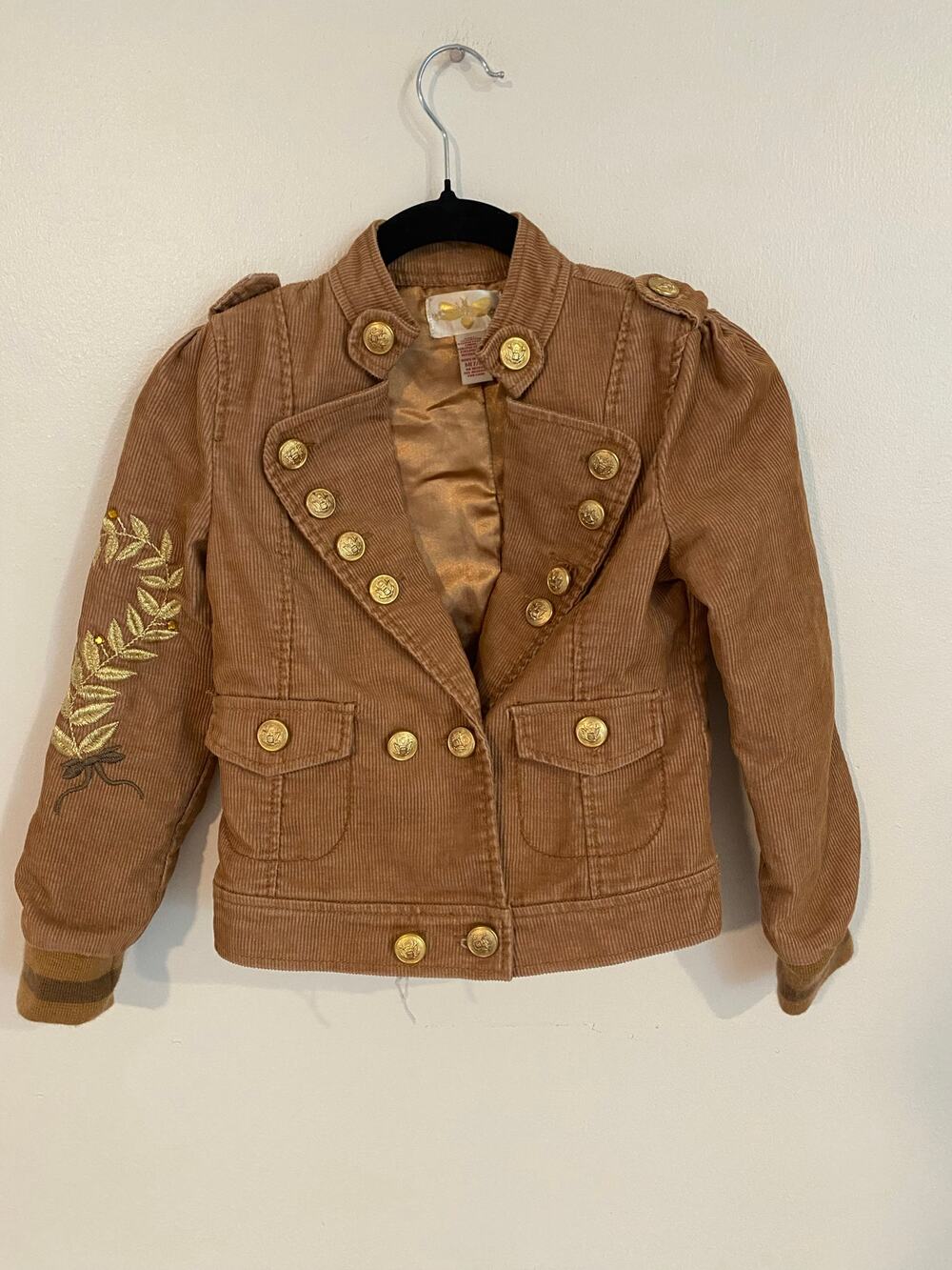 YES Girl Gold Button Brown Corduroy Jacket Military Embroider SZ7 Amelia Earhart